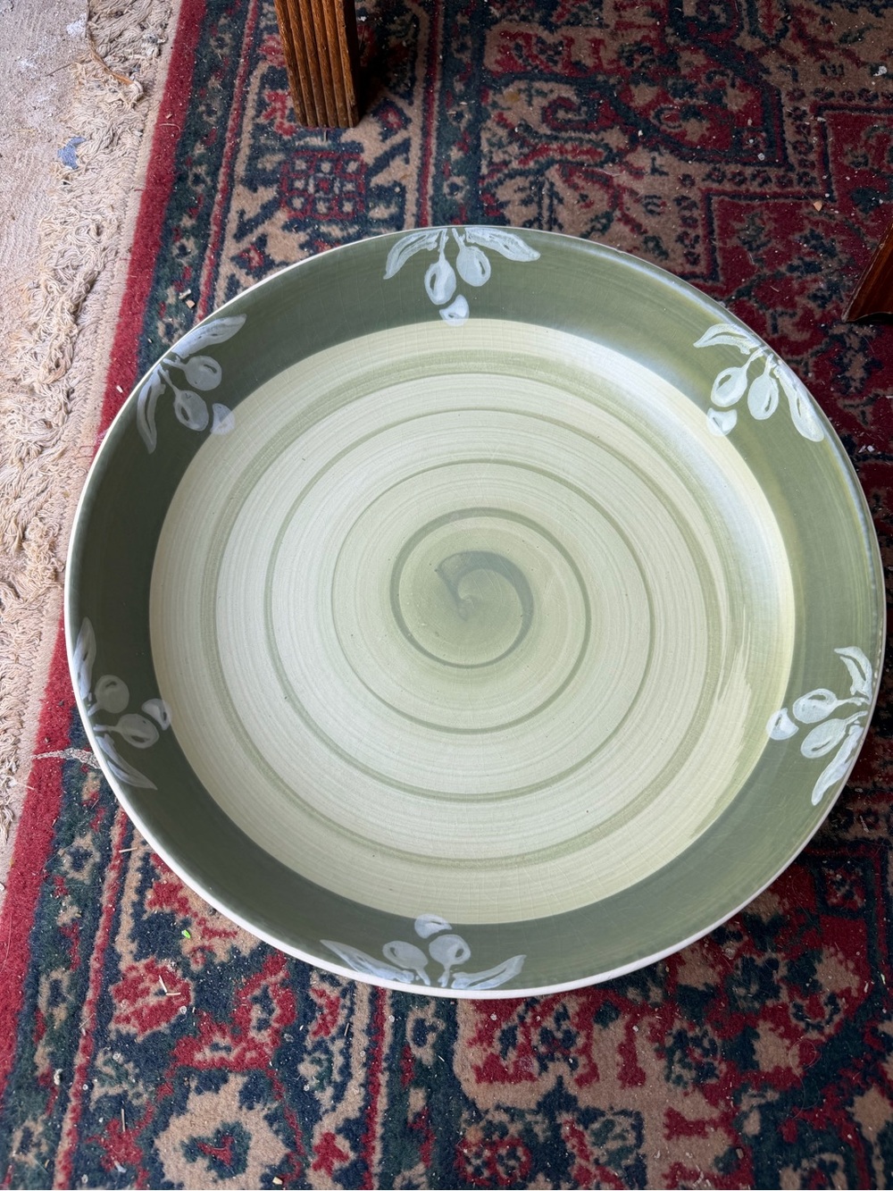 Green Swirl Ceramic Serving Bowl - Olive and Cream Vintage Italian Villa Romana